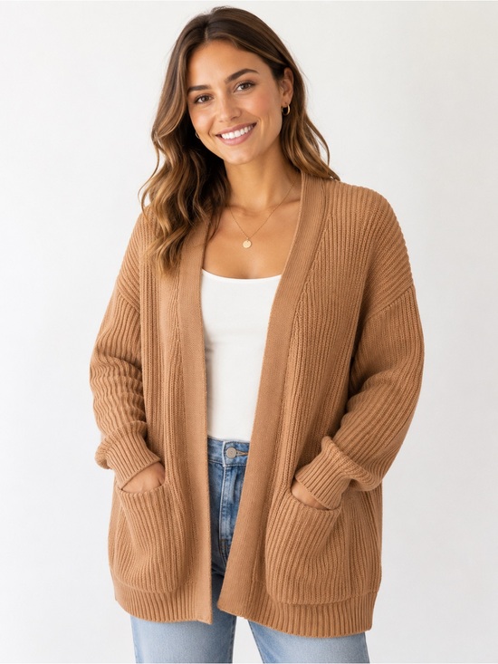 Quince Sweaters - Quince Organic Cotton Rib Knit Open Front Cardigan Sweater Beige M Pockets